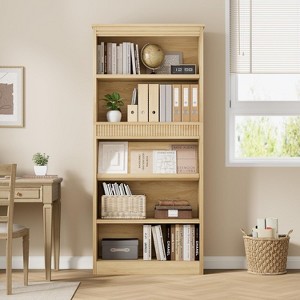71" Farmhouse Bookcase w/Display Rack & Fluted Design, 5 Tier Tall Bookshelf with Wooden Base, Wood Bookshelf Vintage Book Shelf for Office Library - 1 of 4