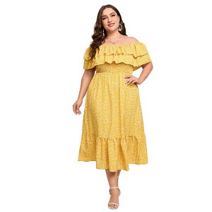 Women Plus Size Off Shoulder Maxi Dress Ruffle Flowy Casual Summer Boho Long Dresses - 1 of 4