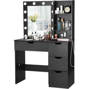 4 Drawers Modern Vanity Makeup Desk with Lighted Mirror, Built-in Power Outlet Stylish Bedroom Makeup Table with Crystal Knobs - 1 of 4
