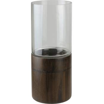 Northlight 15.25" Clear Glass Hurricane Pillar Candle Holder with Wooden Base