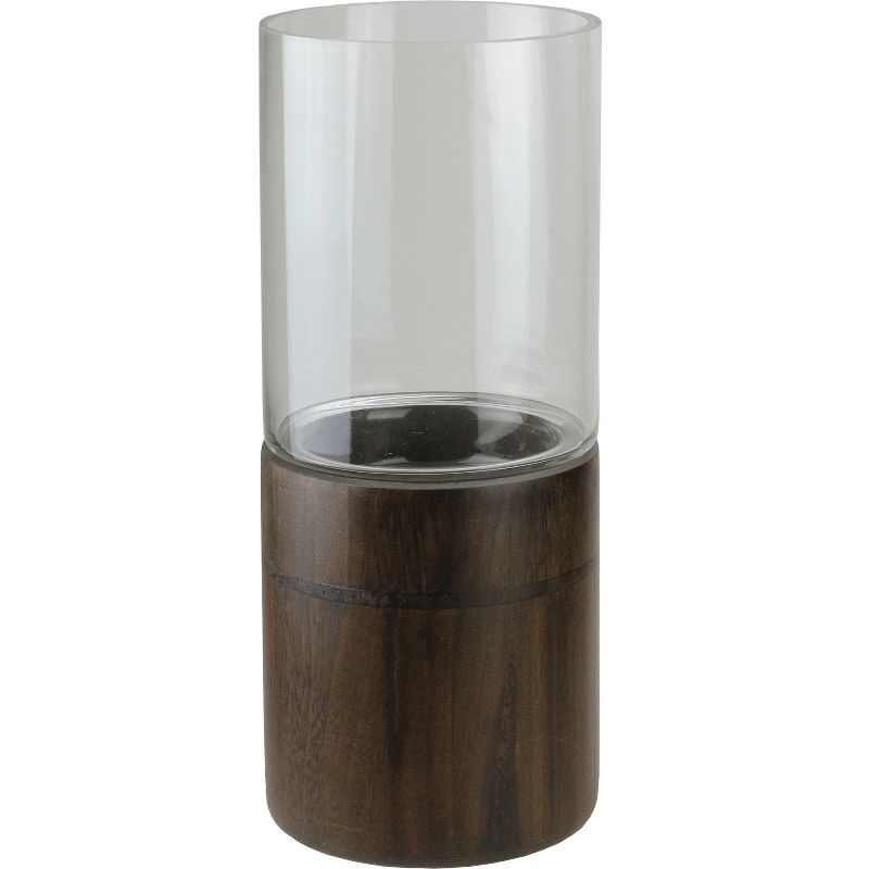 Northlight 15.25" Clear Glass Hurricane Pillar Candle Holder with Wooden Base, 1 of 4