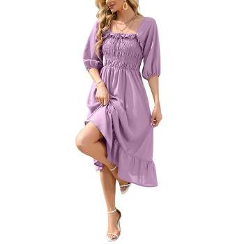 WhizMax Women's Elastic Square Neck Half Sleeve Smocked Ruffle Hem Maxi Dress Backless Beach Dress