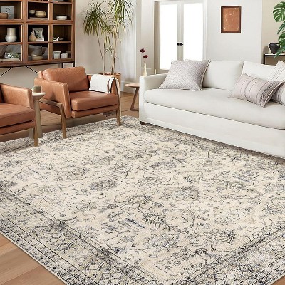 2'x6' Washable Runner Rug, Non-Slip Vintage Floral Low-Pile Carpet for Kitchen, Laundry, Entryway, Brown