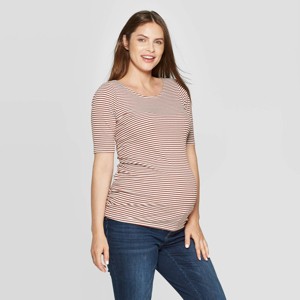 Maternity Striped Short Sleeve Rib T-Shirt - Isabel Maternity by Ingrid & Isabel Fiery Brown/Cream L, Women