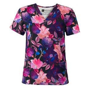 Medgear Women's 2-pocket Scrubs Short Sleeve V-Neck Print Top in 4-way Stretch - 1 of 4