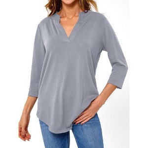 Nlife Women V Neck Solid Color Blouses Relaxed Fit 3/4 Sleeve Curved Hem Tunics Tops - 1 of 4
