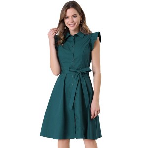 Allegra K Women's Cotton Ruffled Cap Sleeve Tie Waist Button Casual Office Shirt Dress - 1 of 4
