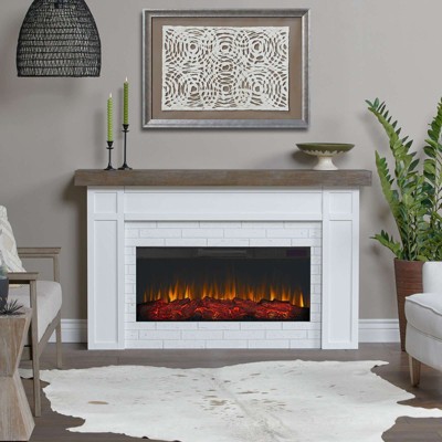 Cravenhall 64" White Faux Brick Electric Fireplace with Rustic Mantel