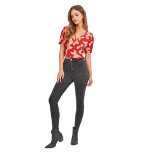 Slickblue Women's Butterfly Print, Smocked Back Waist, Crop Top, V-Neck Style, Chili Pepper, S - 1 of 4