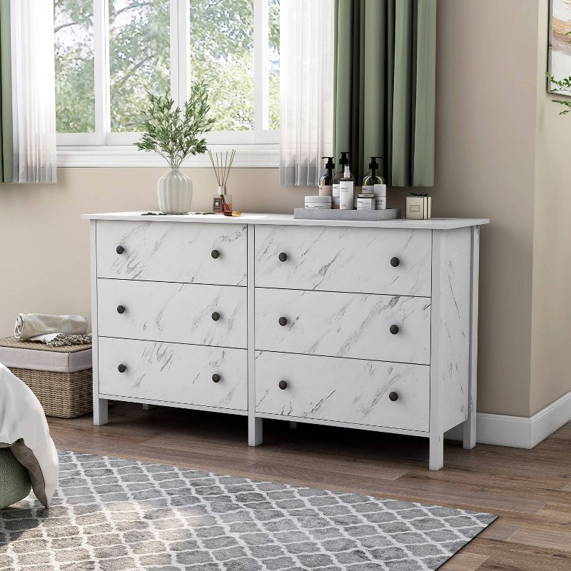 Fichte Transitional 6 Drawer Faux Marble Dresser White Marble - miBasics, 3 of 11