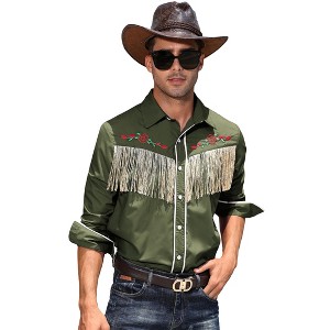 Clearlove Men’s Western Slim Fit Denim Shirt with Long Sleeves, Fringe Detailing, and Rose Embroidery - 1 of 4