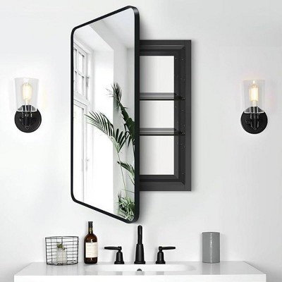 Black recessed medicine cabinet with mirror,Rectangle Metal Framed Wall mount,Recessed Mirror Cabinet,bathroom mirror cabinet-The Pop Home