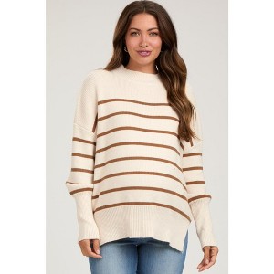 PinkBlush Beige Striped Drop Shoulder Maternity Sweater - 1 of 4