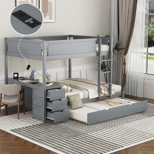 PAGED Twin over Twin Bunk Bed with Desk and Trundle, Wooden Bed Frame with Drawers and Guardrail, Modern Loft Bed for Kids, Teens, Adults - 1 of 4