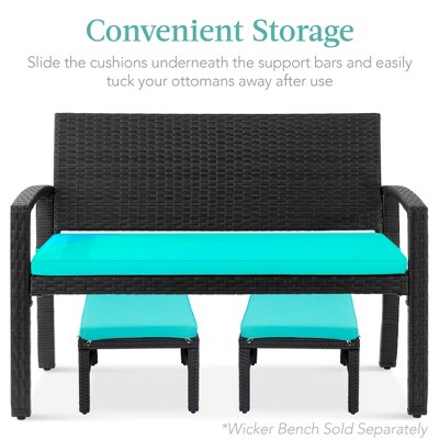 Patio Wicker Ottomans with Removable Cushions and Steel Frame - Black/Teal