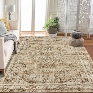 Short Pile Washable Area Rug - Boho Vintage Living Room & Bedroom Rug, Non-Slip, Machine Washable - 1 of 4