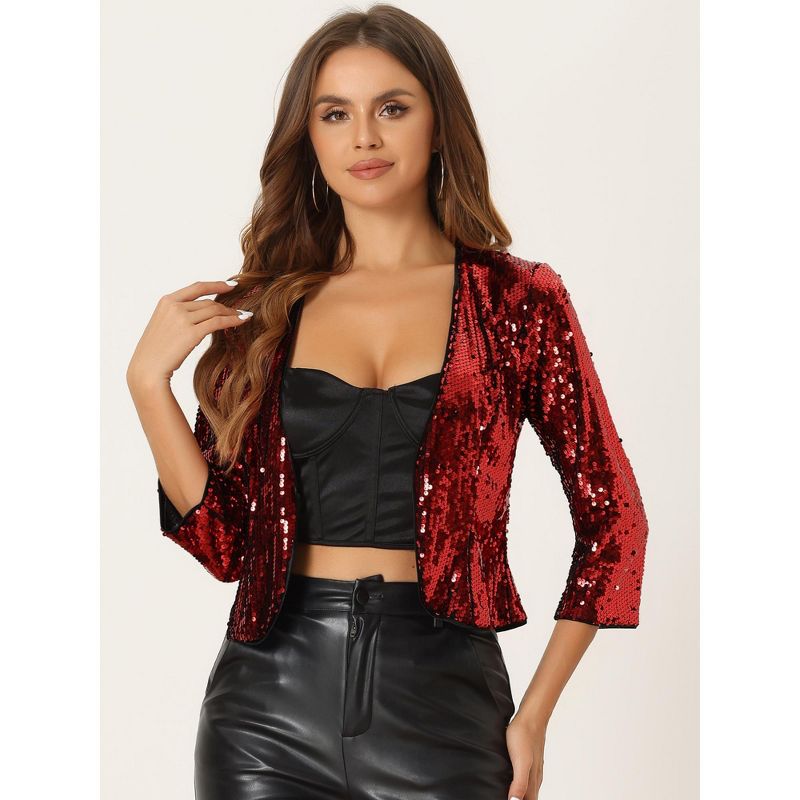 Allegra K Women's Sequin 3/4 Sleeve Open Front Party Shiny Glitter Sparkly Jacket, 3 of 6