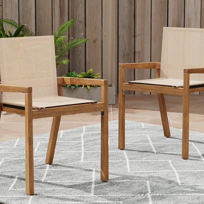 Set of 2 Acacia Wood Outdoor Dining Chairs with Mesh Seating, Weather-Resistant Patio Armchairs for Garden and Poolside, Teak Finish-Coolbibila