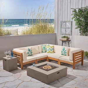 Christopher Knight Home Oana Outdoor Acacia Wood 5 Seater Sectional Sofa Set with Fire Pit - 1 of 4