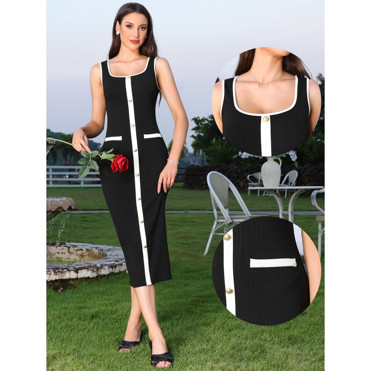 Женские платья INSPIRE CHIC Women's Sleeveless Square Neck Color Block Metal Button Bodycon Midi Dress Medium Black — фото 2