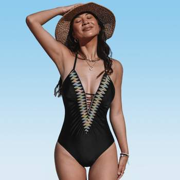 Women's Short Sleeve Zipper Front Rash Guard One Piece Swimsuit -  Cupshe-L-Black