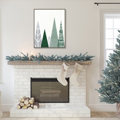 Geometric Evergreen Trees Green and Gray Canvas Framed Wall Art