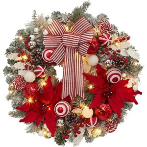 24" Pre-Lit Christmas Wreath for Front Door, Battery Operated Lighted Xmas Wreath for Door Window Indoor Outside Xmas Home Decor, Red and White - 1 of 4
