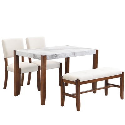 ChicFurnit Dining Sets 4 Piece Modern Dining Table Set with Chairs and Bench for Dining Room, Off White, 50.39"*33.46"*5.12"