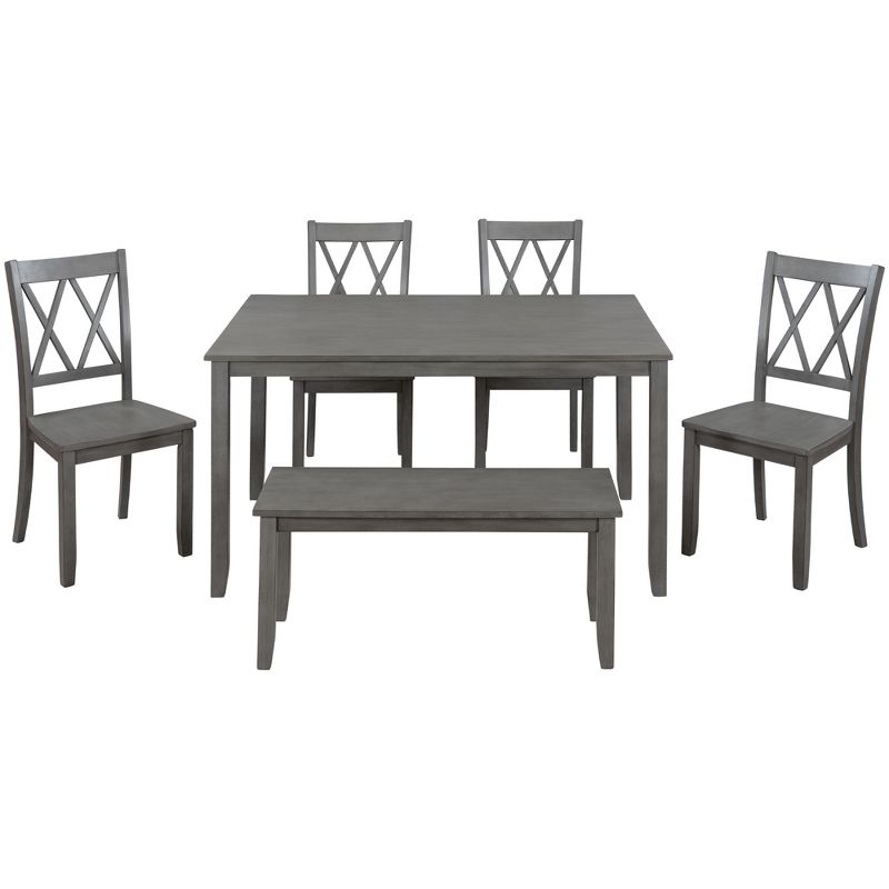 6-Piece Farmhouse Rustic Wooden Dining Table Set with 4 Cross Back Chairs and Bench - ModernLuxe, 5 of 11