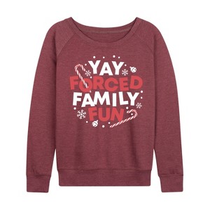 Women's - Instant Message - Yay Forced Family Fun Lightweight French Terry Wide Neck Long Sleeve Graphic Shirt - 1 of 4
