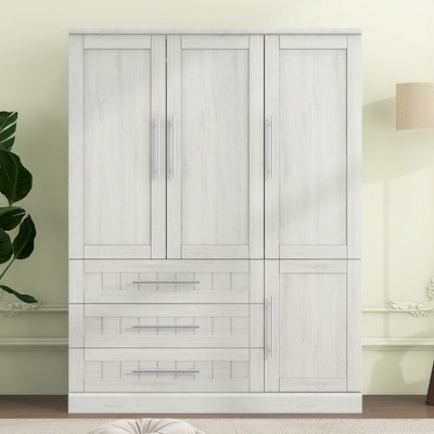 47"W 4 Door Wardrobe Clothing Armoire Closet Storage Cabinet  with 3 Drawers, Hanging Rails and Storage Shelves, White/Natural-ModernLuxe
