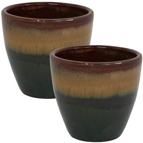 Sunnydaze Chalet Outdoor/Indoor High-Fired Glazed UV- and Frost-Resistant  Ceramic Pots with Drainage Holes - 12 Diameter - Forest Lake Green - 2-Pack