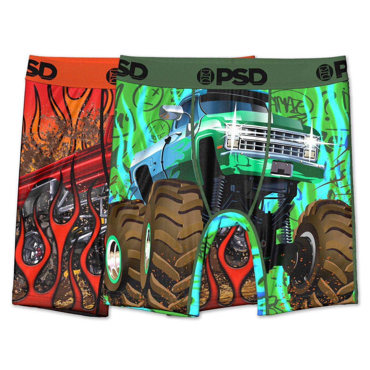 PSD Boys' 2pk Monster Trucks Boxer Briefs Underwear - Green/Orange