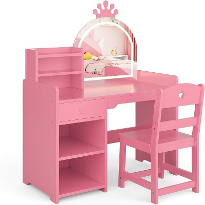 Kids Vanity, 2 in 1 Princess Makeup Vanity Desk Toddler Vanity Table & Chair Set with Open Bookshelf, Storage Cabinet & Shelves for Girls