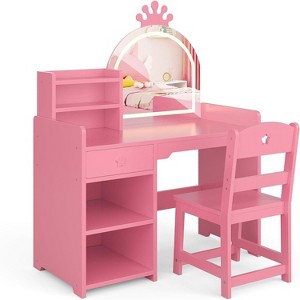 Kids Vanity, 2 in 1 Princess Makeup Vanity Desk Toddler Vanity Table & Chair Set with Open Bookshelf, Storage Cabinet & Shelves for Girls - 1 of 1