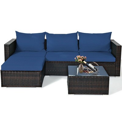 Navy and Brown Steel 5-Piece Patio Rattan Sectional Sofa Set