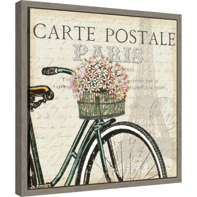 Paris Ride Bicycle with Flowers Canvas Wall Art in Gray Frame