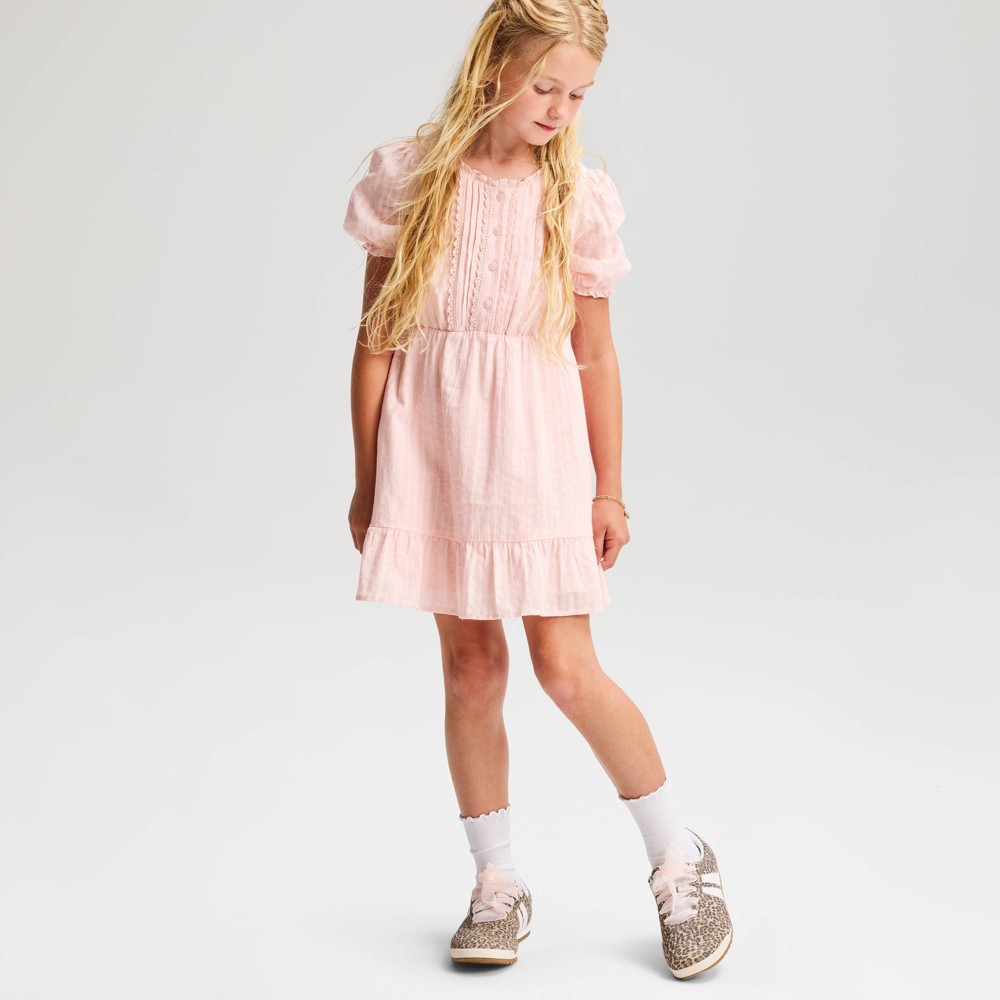 Girls' Puff Short Sleeve Lace Trim Dress - Cat & Jack™ Pink S