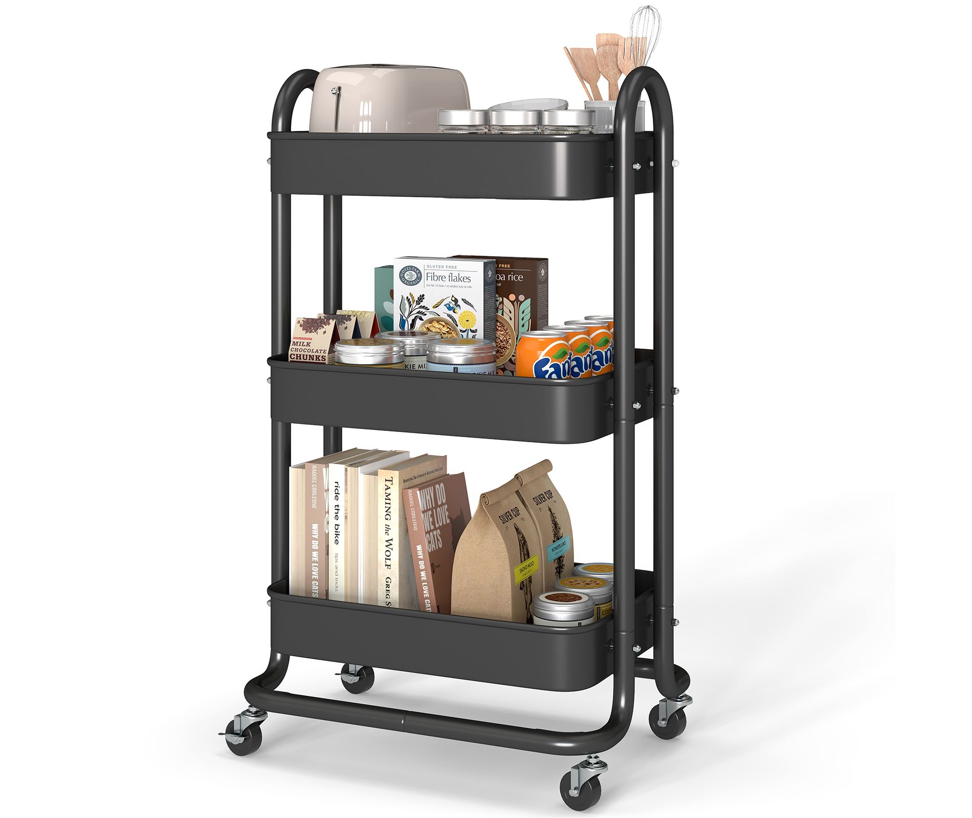 SUGIFT Rolling Bar Cart with Removable Top Tray, 3-Tier Metal Kitchen Serving Cart with Lockable Wheels