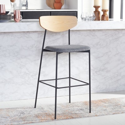 Mid-Century Saddle Style Oak and Grey Leather Barstool