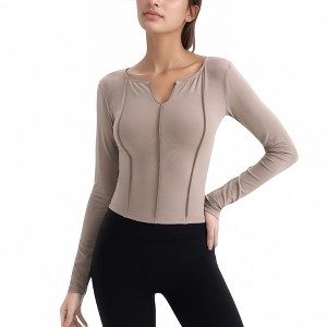 Anna-Kaci Active Women's Long Sleeve Fitted Athletic Top with Notch Neckline and Contoured Seams - 1 of 4
