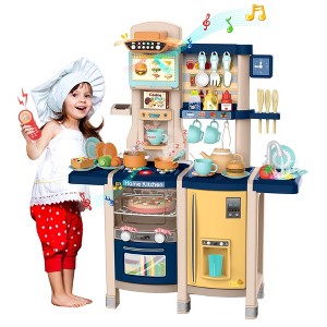Large Kids Kitchen Playset 65 PCS Toy Accessories Set, Kitchen Toy Cookware with Real Sounds and Light for Kids, Blue - 1 of 1