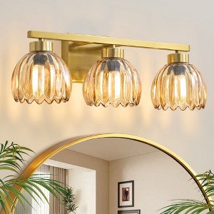 POWLIG 3-Light Gold Vanity Light with Amber Glass Shades, 19.29 Inch Modern Wall Sconce - 1 of 4