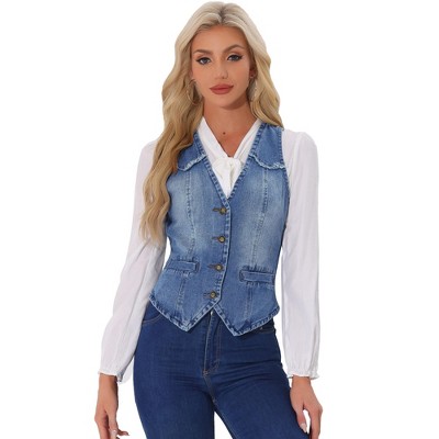 INSPIRE CHIC Women's Denim Sleeveless Collarless Washed Distressed Jean Vest