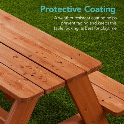 Golden Brown Fir Wood Kids Picnic Table with Aqua Umbrella