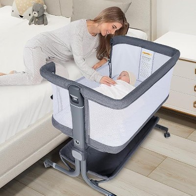 Kinder King Baby Bassinet with Wheels Easy Folding Portable All-Sided Mesh Adjustable Height Comfy Mattress & Carry Bag, Grey