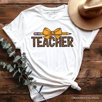 Teacher Leopard Pencil T-Shirt, Coquette Bow Retro Classroom Tee for Educators | OrnamentallyYou