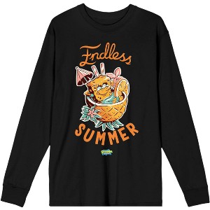 Spongebob Squarepants Endless Summer Pineapple Pool Drink Men's Black Long Sleeve Graphic Tee - 1 of 2