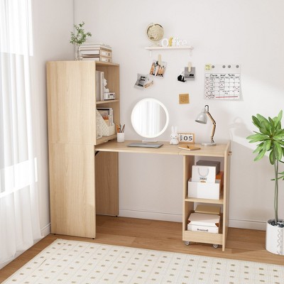MOEPISY Stretchable Desk, Office Desk With Storage Shelves And Mobile Wheels, Foldable Desk, Natural