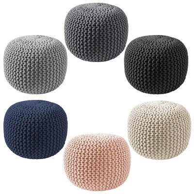 Light Gray Hand-Knitted Cotton Round Pouf Ottoman